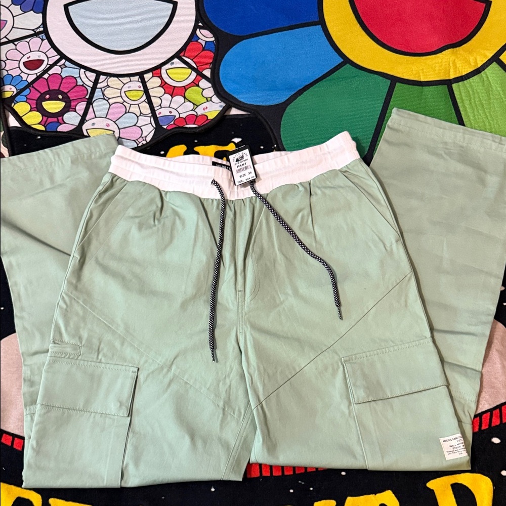 Hustle Gang Sage Green Cargo Pants with White Waistband